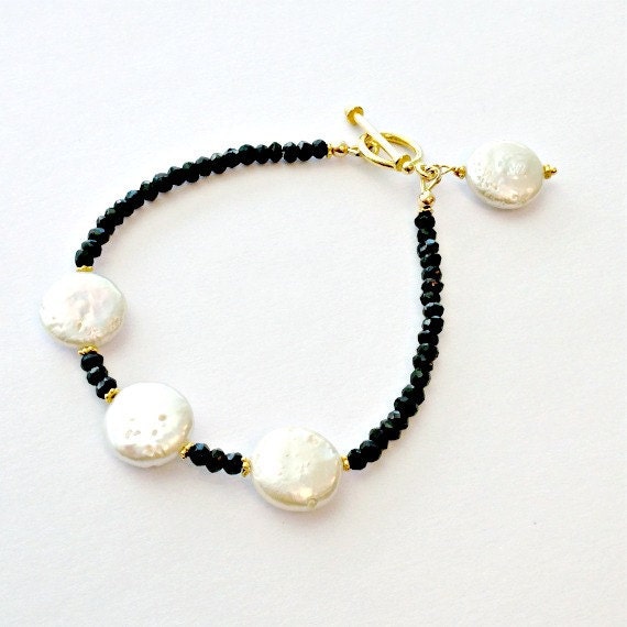 Black White Bracelet Pearl Spinel Gemstone Jewellery Wedding Bridal Bridesmaid Jewelry Yellow Gold B-178