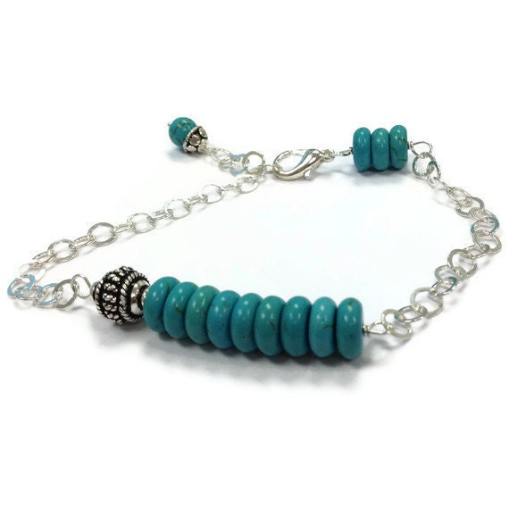 Turquoise Bracelet Bead Bar Sterling Silver Jewelry Chain Jewellery 925 Asymmetric Stack Layer Gemstone B-216