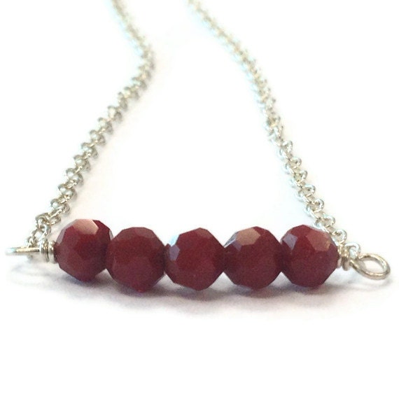 Red Crystal Necklace Bead Bar Sterling Silver Jewelry Fashion Jewellery Tiny Thin Layer Stack Trendy Chain Crimson Dainty N-222