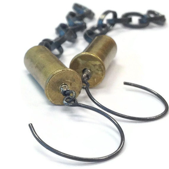 Bullet Earrings Shell Casings Brass and Oxidized Sterling Silver Chain Hipster Dangle Earrings Bullet Jewelry Mixed Metallic ER-TBM