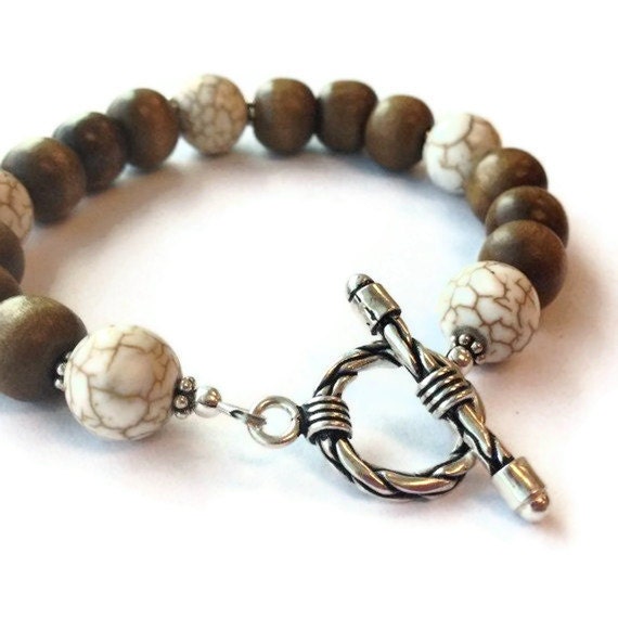Brown Wood Bracelet White Turquoise Bracelet Jewelry Silver Jewellery Natural Gemstone Earth Tones Layer Stack Minimal Everyday B-218
