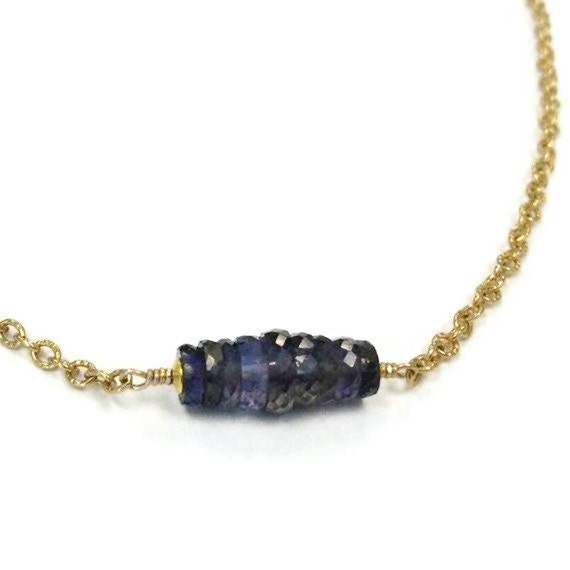 Iolite Necklace Gold Jewelry Gemstone Jewellery Chain Purple Periwinkle Violet Iridescent Bright Unique Bead Bar N-229