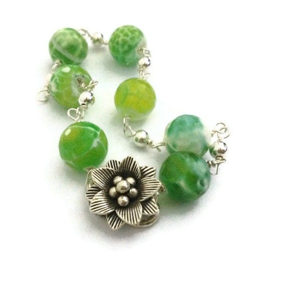 Green Bracelet Agate Gemstone Sterling Silver Jewelry Flower Clasp Spring Fashion Lime Green Apple Green B-261