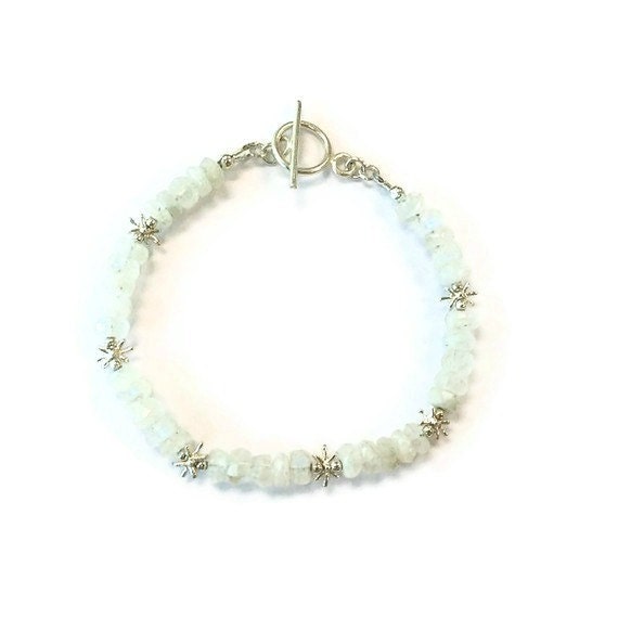 Rainbow Moonstone Bracelet Sterling Silver Jewelry Natural Gemstone Jewellery Iridescent Star Fashion Everyday Minimal Summer Fashion B-273