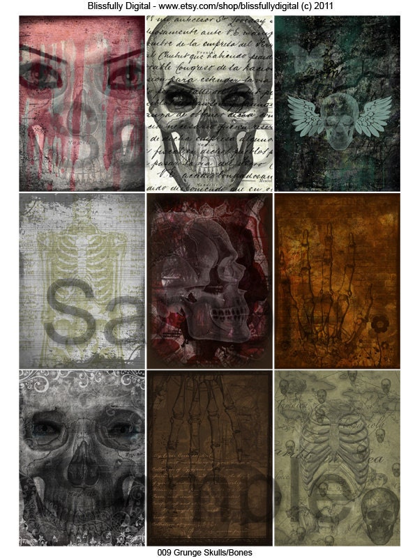Digital Collage Downloadable ATC Sheet Scrapbooking Mixed Media Altered Art Tags Journalling Cards 9 x 2.5"x3.5" Skulls Bones 009
