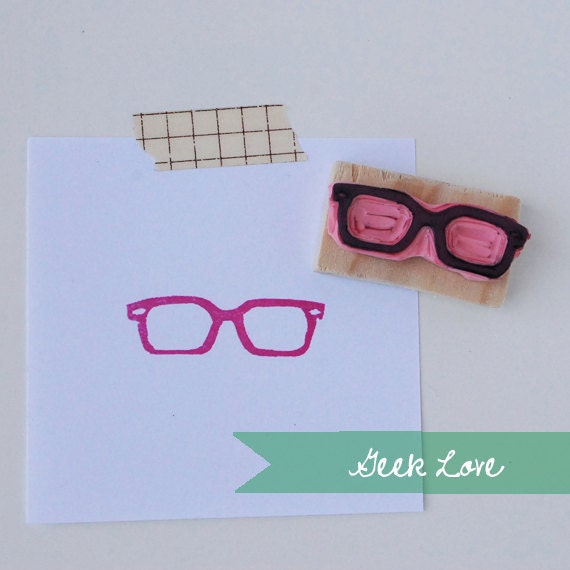 Hand Carved Geek Glasses Rubber Stamp
