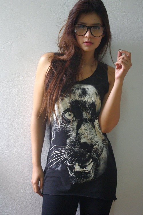 Black Panther Animal Graphic Design Hand Printed Tank Top M