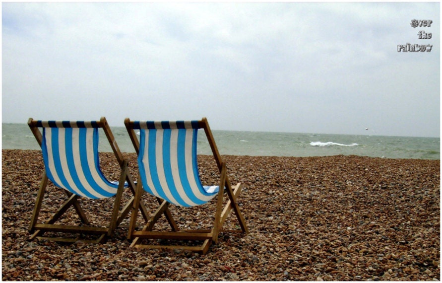 Sea side photograph, beach, landscape photograph, blue and brown, stony beach, beach chairs, 12x8, Giclee print- titled: Brighton