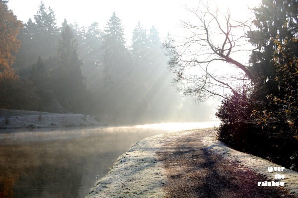 Misty morning, winter lake, sunbeams, sunrays, landscape photograph, 12x8, Giclee print - titled: Winter Lake - OverTheRainbowPrints