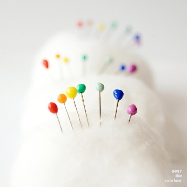 Rainbow, Pins, White clouds, Playful photograph, Nursery decor, gift for a seamstresses studio, 8x8 - titled: Seamstresses Rainbow II