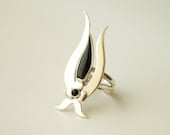 Handmade Sterling Silver Black Stylish Tulip Flower Contemporary Modern Fashionable Ring/Artisan Handcrafted Silver Jewelry