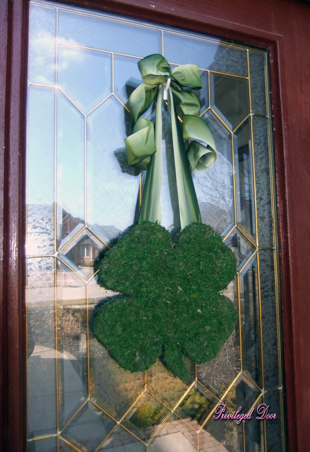St. Patricks Day Wreath - Moss Shamrock - Moss Covered Wood Shamrock with Multi Color Green Wired Bow.