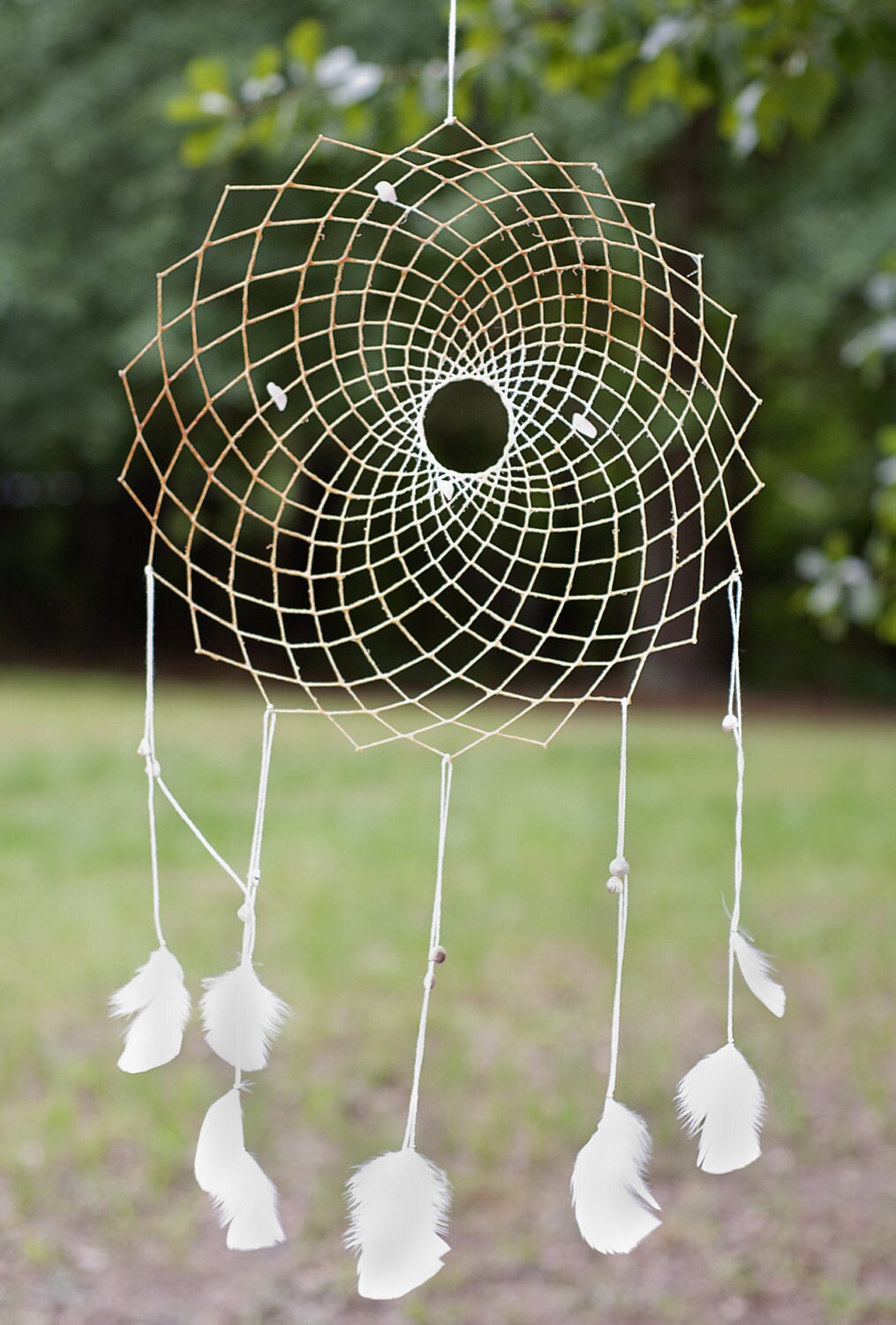 100% Cotton Floating Weave Dreamcatcher with Rose Quartz, Seashell and White Turkey Feather Dream Catcher for a Pure Love