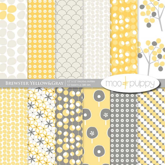 Yellow and Gray Digital Scrapbook Paper Pack -- Brewster Yellow&Gray -- 12x12 and 8.5x11 -- INSTANT DOWNLOAD
