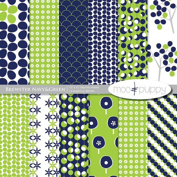 Brewster Navy&Green - Digital Scrapbook Paper Pack  -- 12x12 and 8.5x11  --  INSTANT DOWNLOAD
