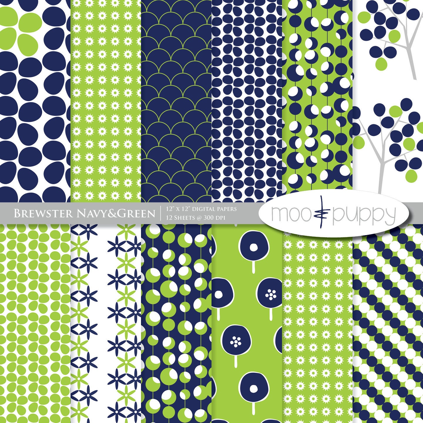 Brewster Navy&Green - Digital Scrapbook Paper Pack  -- 12x12 and 8.5x11  --  INSTANT DOWNLOAD