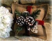 Burlap Ring Bearer Pillow Rustic Christmas Wedding Decor PERSONALIZED Wood Heart Custom (Your Color Choice of Ribbon and Flower)