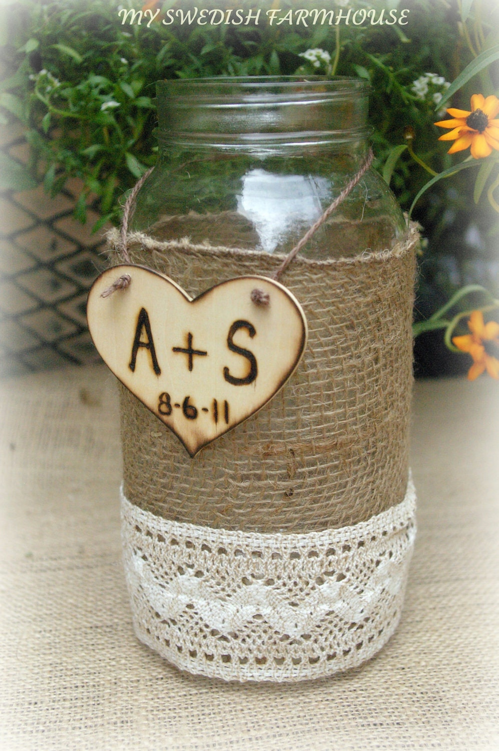 LARGE MASON JAR Flower Vase Burlap Lace 2 Quart Jar with Personalized Wood Heart Rustic Wedding Decor Table Centerpiece