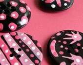Handpainted pink and black vintage buttons - (qty 5)  C023
