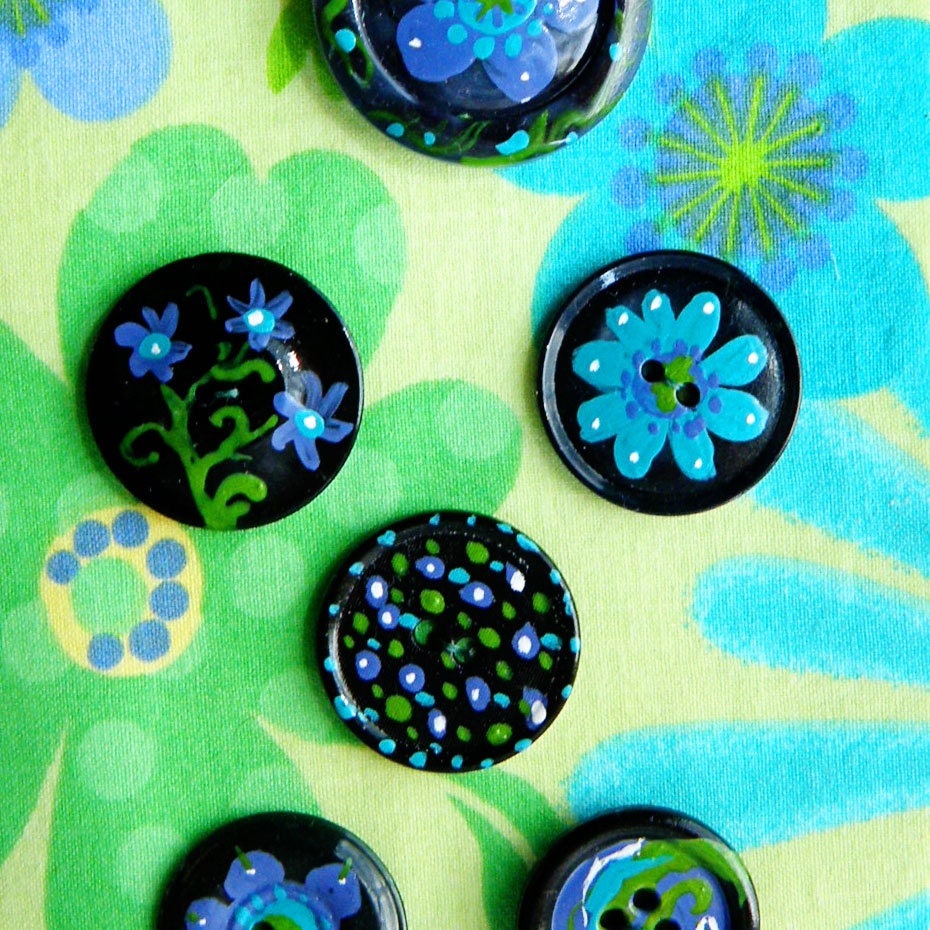 Vintage buttons painted  freehand in vibrant blues and greens - (qty 6)  C025
