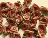 Satin Ribbon Roses in Dark Rose with Moss Colored Leaves