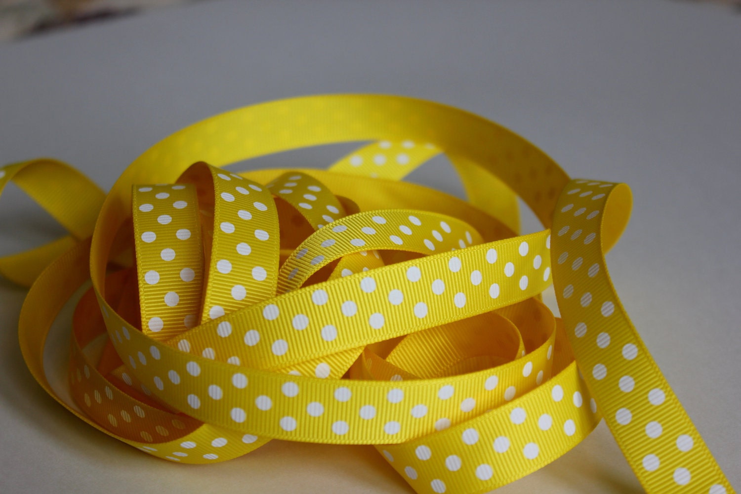 5/8" Grosgrain Ribbon with Swiss Dots - 5 yds Daffodil Yellow with White Dots