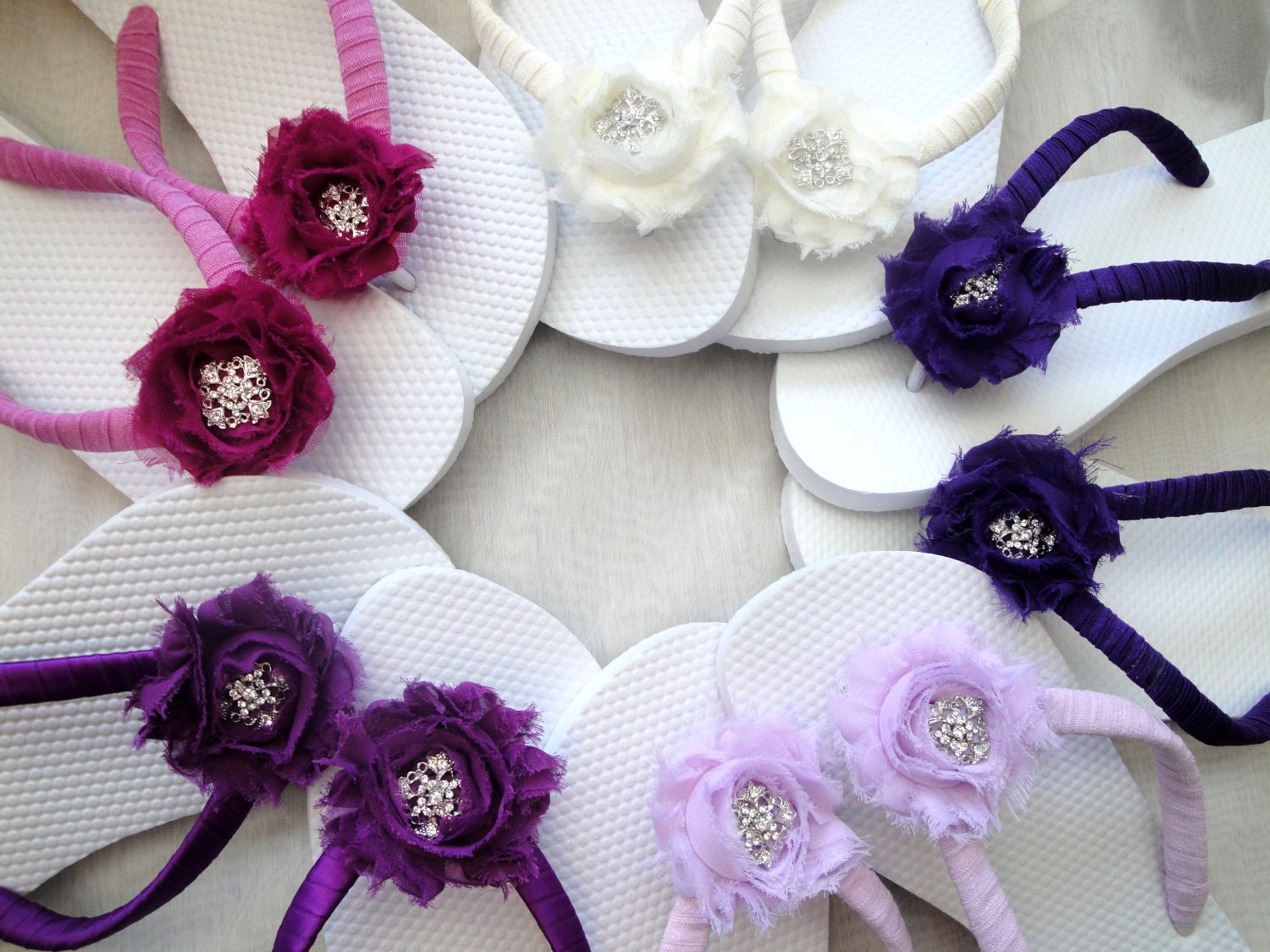 CUSTOM 5 pair Bridal Flip Flops - Shabby Chic Roses - White or Custom Color