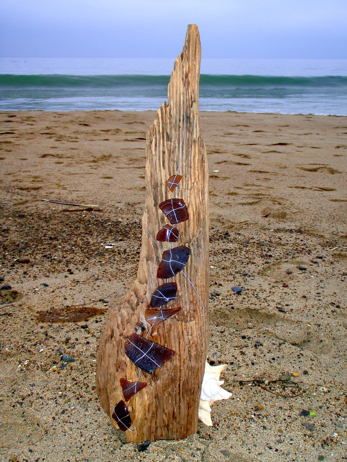 Beach Chic Driftwood Sea Glass Wall Sculpture - Nautical Marine Rustic Cabin Woodland Natural Contemporary Eco Decor