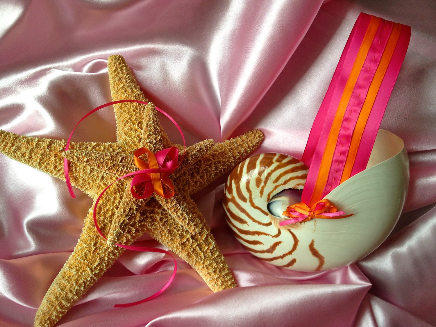 Destination Beach Wedding Set w/ Nautilus Flower Girl Basket & Starfish Ring Bearer Pillow w/ up to 3 Customizable Colors
