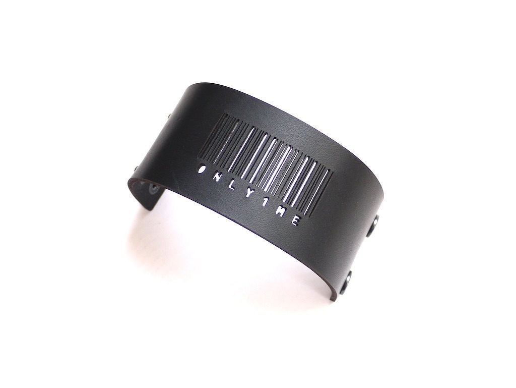 black leather bracelet cuff - Barcode Cuff in Black Leather with Snaps: ONLY1ME - modern design, laser cut