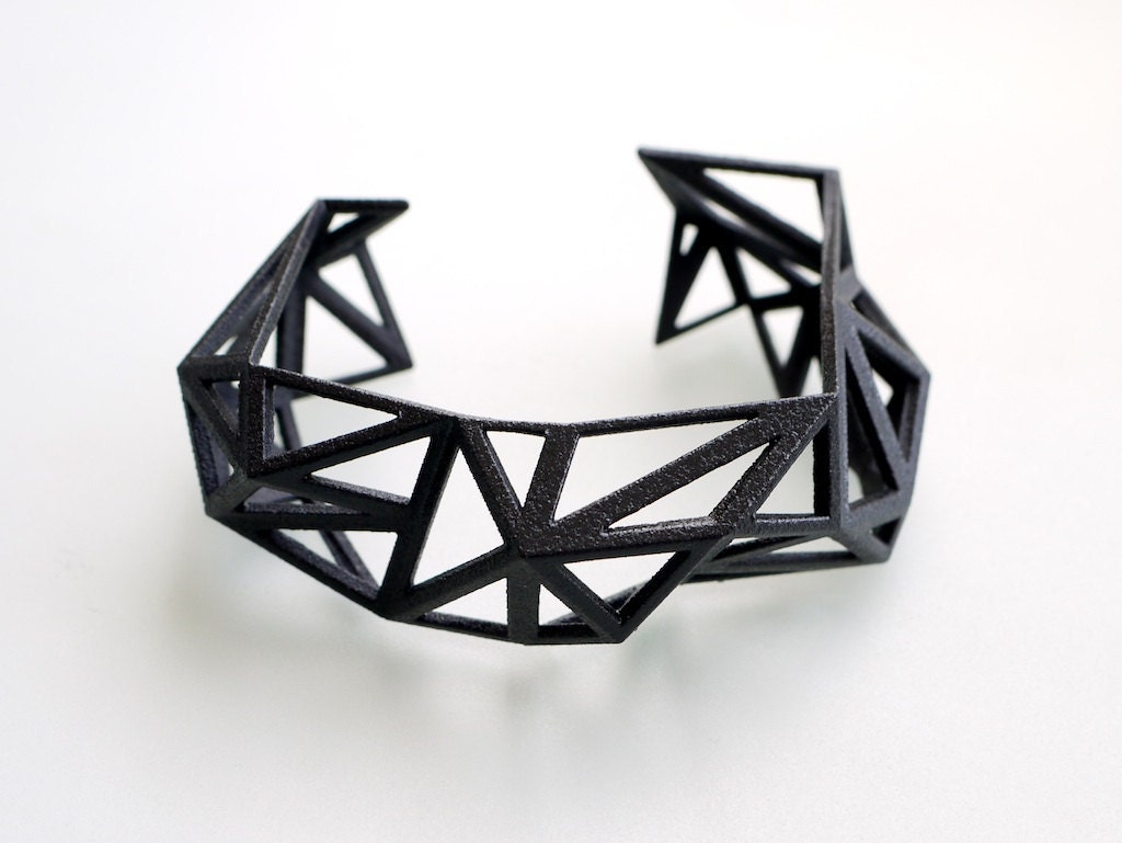 Triangulated Cuff bracelet in Black. 3d printed. modern statement jewelry. black geometric jewelry