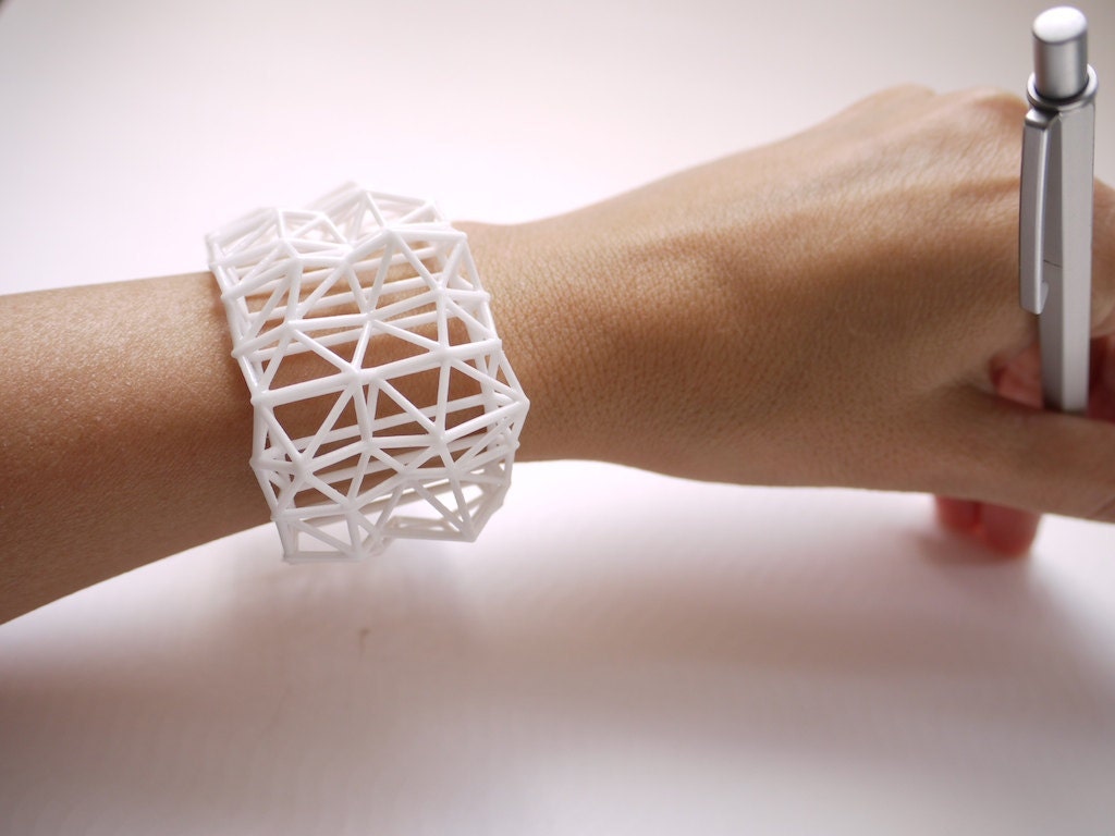 white geometric cuff - Faceted Cuff bracelet in White. 3d printed statement jewelry. winter fashion, modern