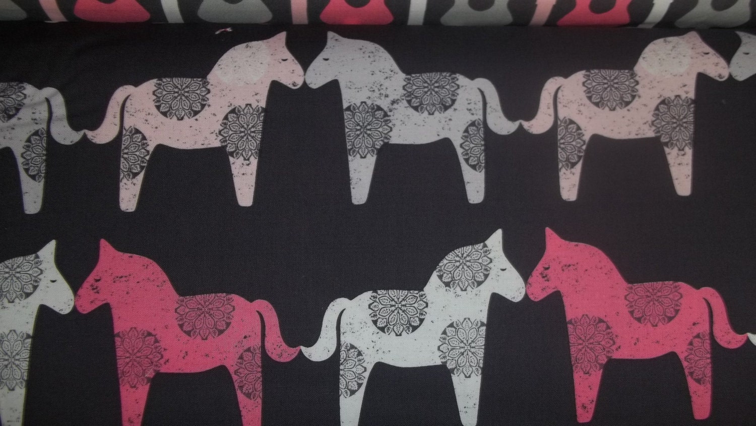 Wooden Horses Pink, white and grey horses on grey back ground Michael Miller Fabrics 1 yard quilt fabric