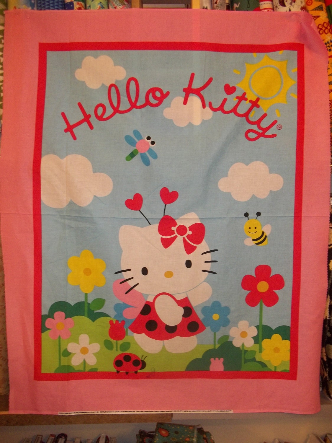 Hello Kitty Panel Kitty in lady bug dress with bee and flowers by VIP  for quilt shop only cotton quilt fabrc