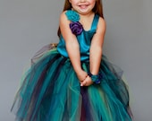 The Haven..Pretty in Peacock 2 Piece Satin Top with Satin Rolled Flowers and Floor length Peacock Tutu Skirt...