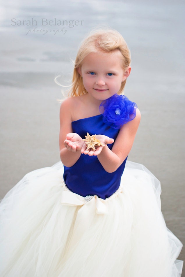 Elegant Royal Blue Off the Shoulder Top with Floor Length Ivory Tulle Skirt