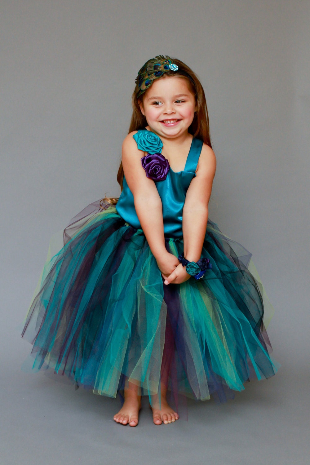 The Haven..Pretty in Peacock 2 Piece Satin Top with Satin Rolled Flowers and Floor length Peacock Tutu Skirt...