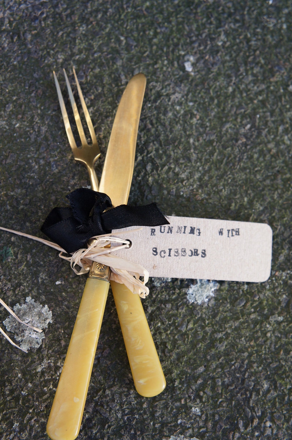 Portable Personal Cutlery: Vintage Gold Knife & Fork With Yellow Bakelite Body
