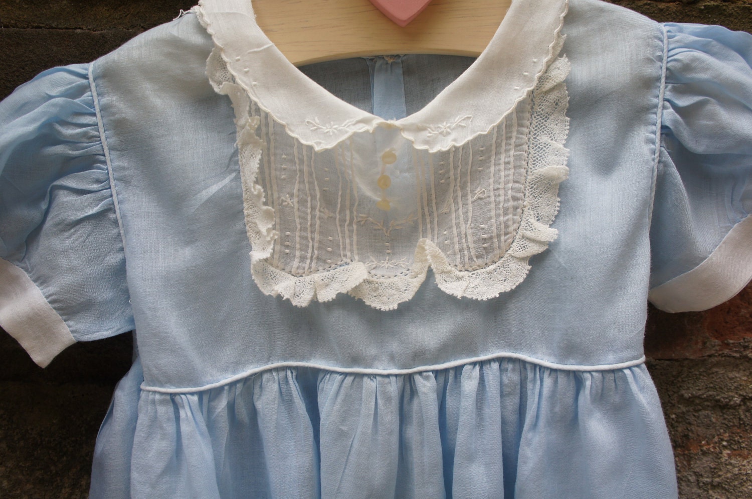 Vintage victorian baby blue and white batiste dress- handmade with MOP buttons and lace edge collar