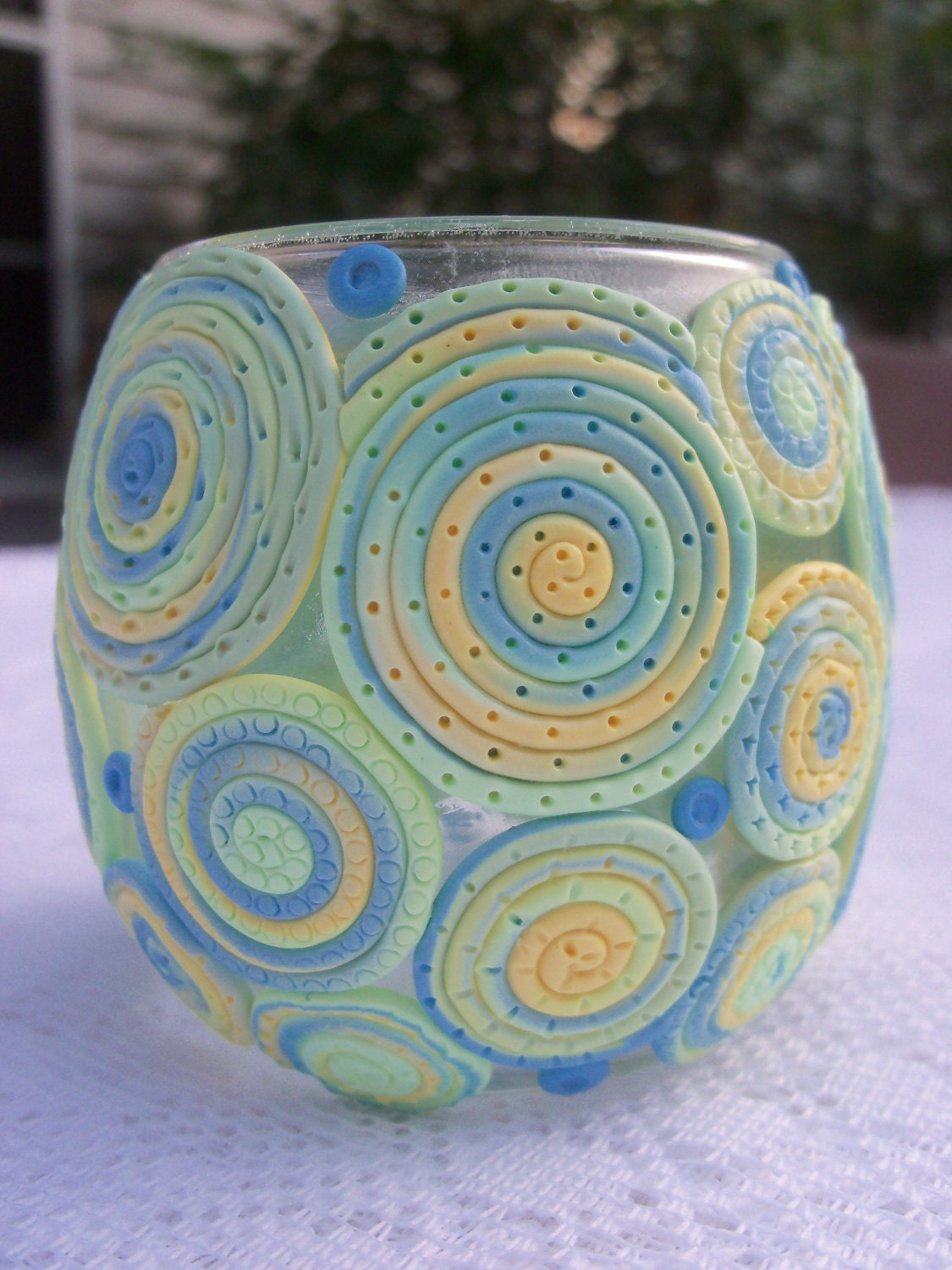 Candle Holder, Polymer Clay Decorated Votive Holder - Summery Pastels