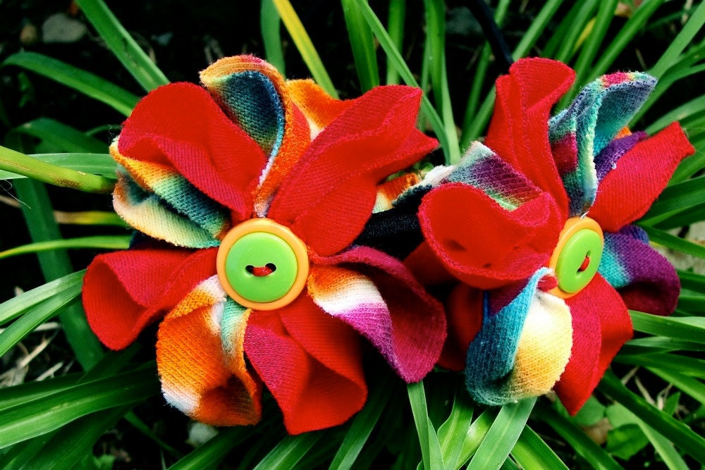 Headband red flower handmade from recycled cotton tshirts tie dyed