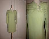 Vintage Carolina Herrera 1980s Light Green Dress with Large Rhinestone Pin