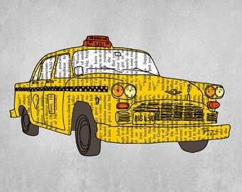 New York taxi art print illustration poster 12x16