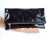 Small Black Leather Clutch.  Foldover Bag.