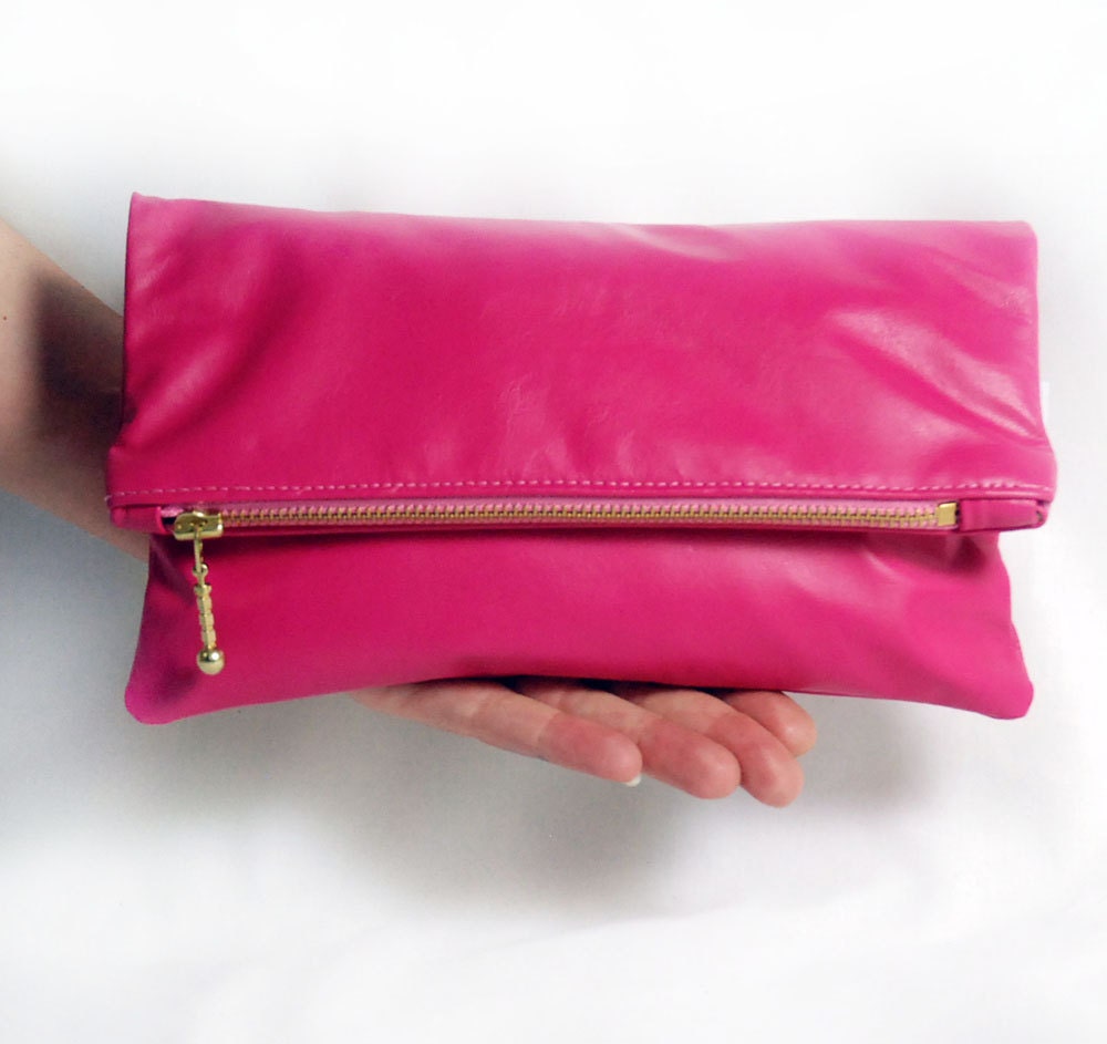 Small Pink Leather Clutch. ONLY 4 left. Foldover Zipper Bag.