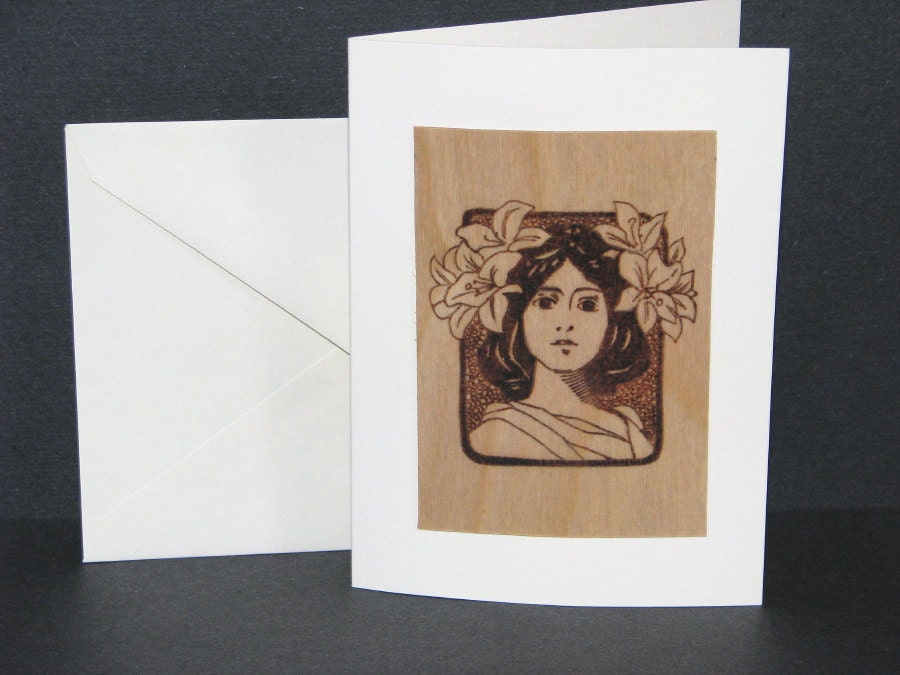 Lady Greeting Cards - Wood Pyrography - Art Nouveau blank cards