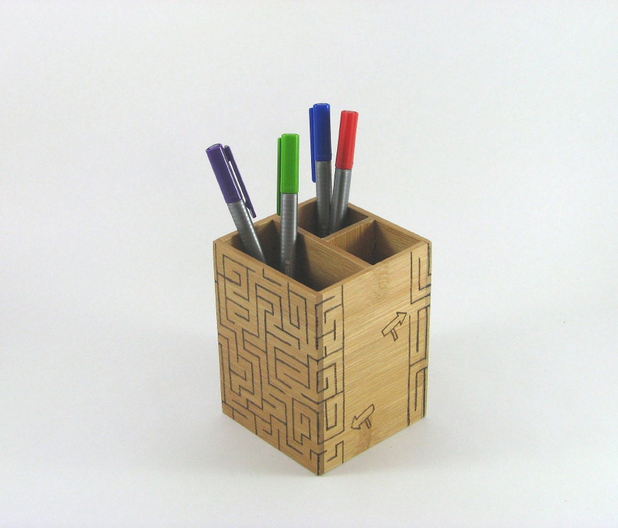 Wood Pencil Holder - Wood Pyrography - Wood Burned Maze Pencil Box