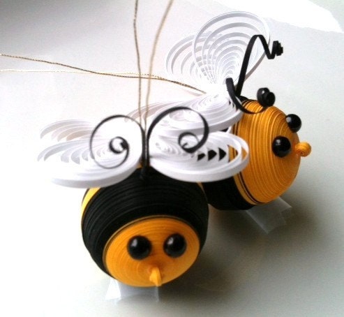 Bumble Bee Ornaments Paper Quilled in Black and Yellow