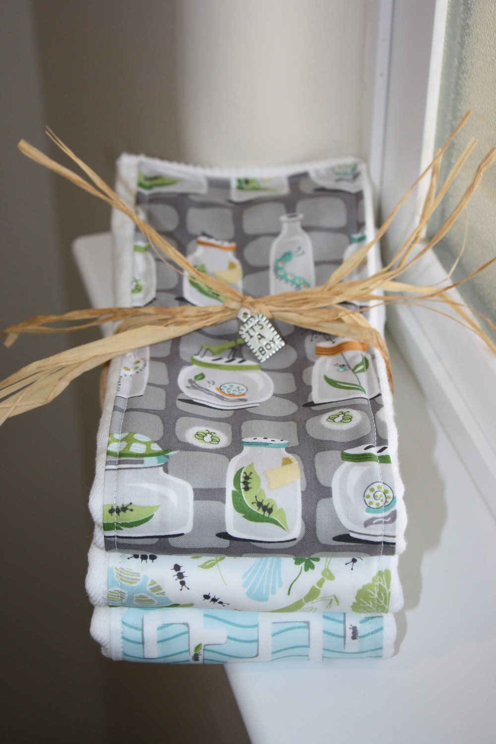 Baby Burp Cloths - Set of 3 - Michael Miller Backyard Baby- Bugs in Jars, Backyard Party and Ant Maze