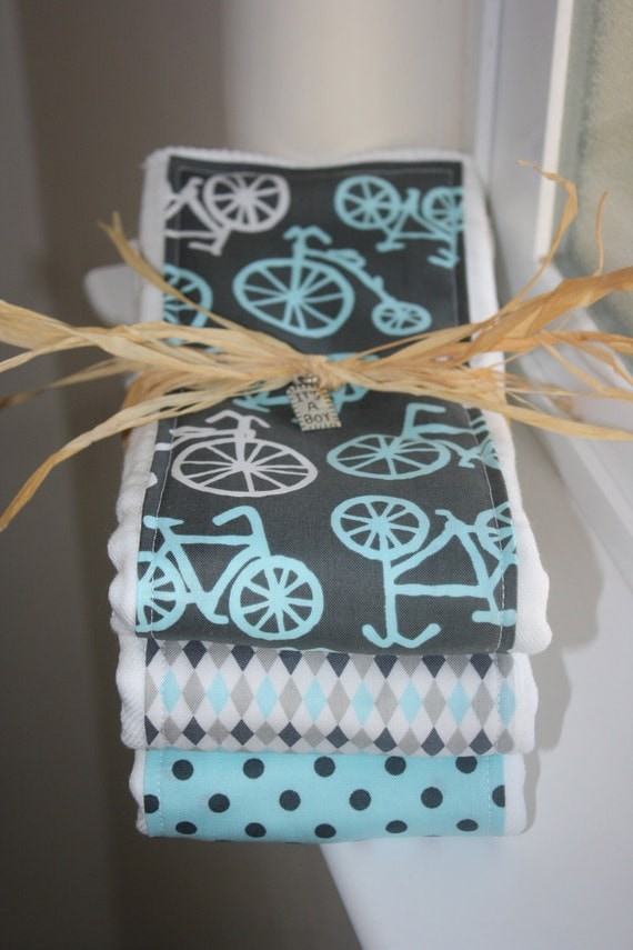 Baby Burp Cloths - Set of 3 - Michael Miller It's a Boy Thing Bicycles in Charcoal and Blue